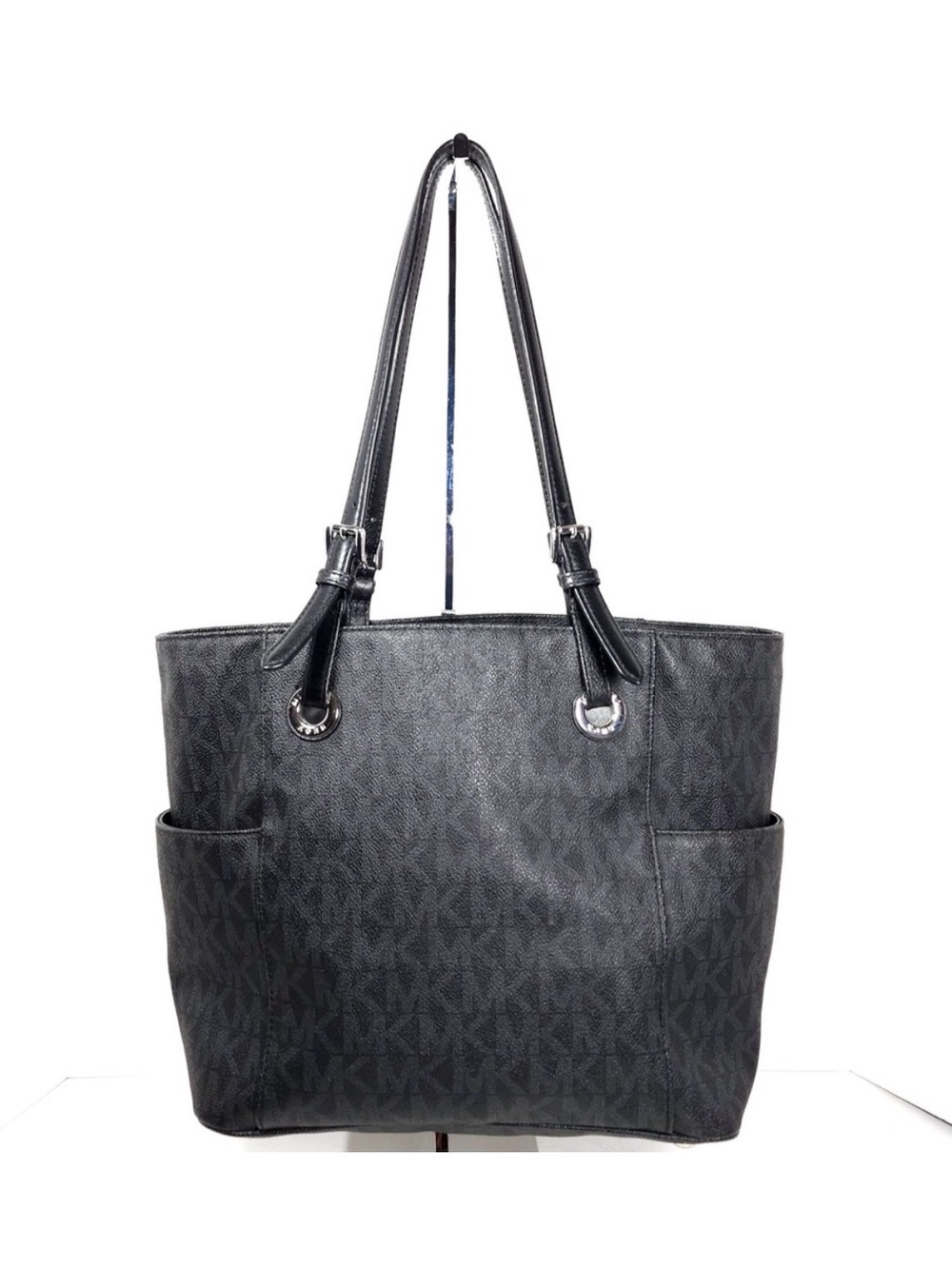 Michael Kors Jet Set Signature Logo Tote Bag Black Monogram Silver Hardware - Picture 2 of 8